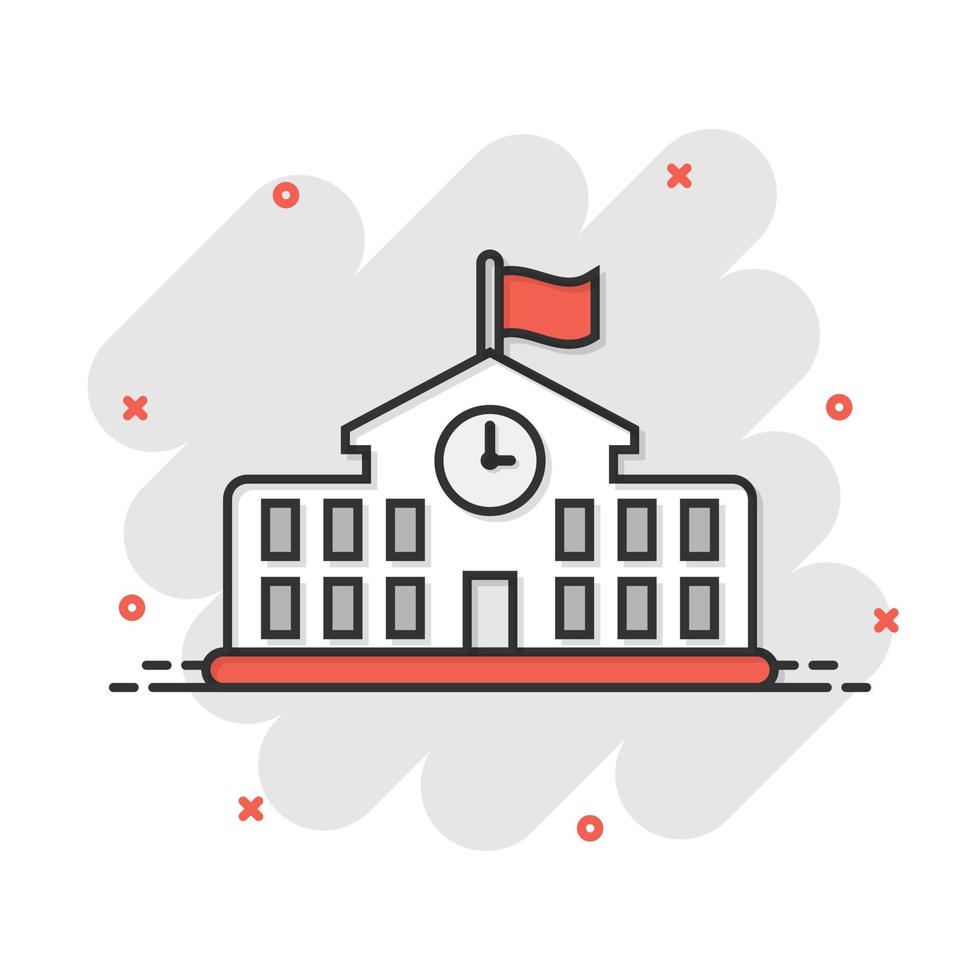 School building icon in comic style. College education vector cartoon illustration pictogram. Bank, government business concept splash effect.