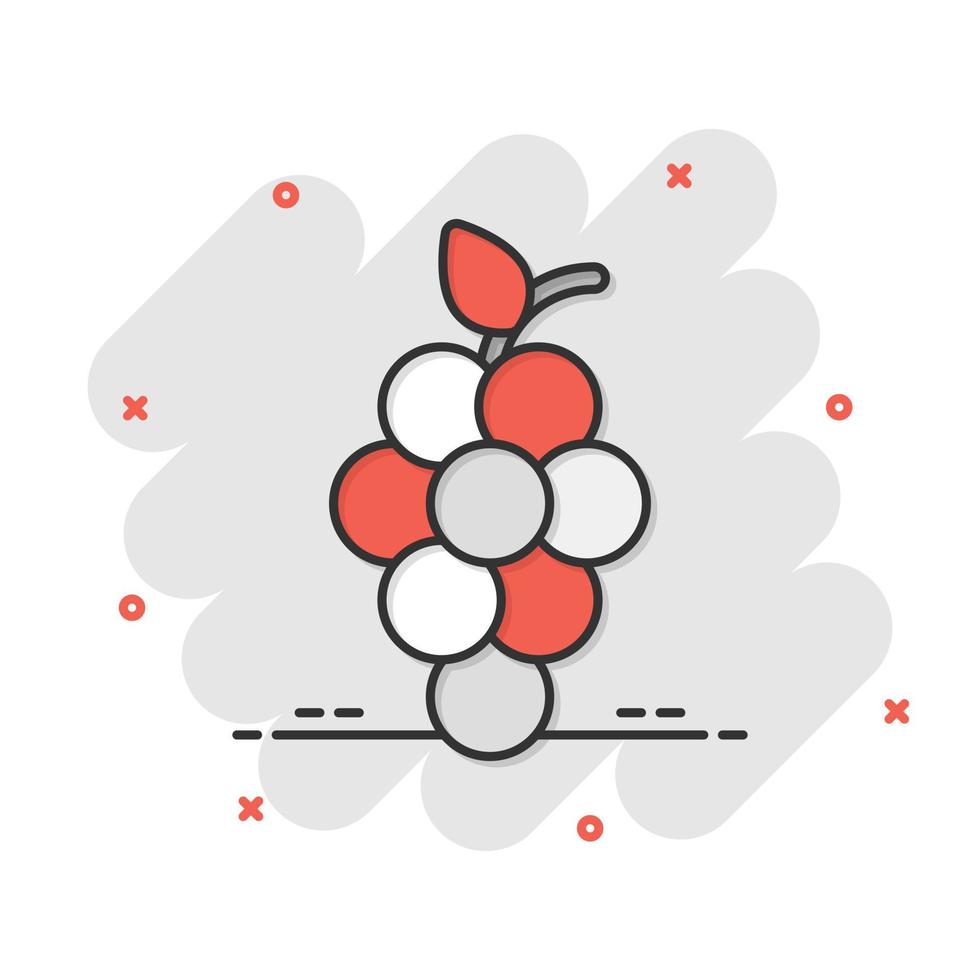 icono de signo de frutas de uva en estilo cómico. ilustración de dibujos animados de vector de vid sobre fondo blanco aislado. efecto de salpicadura de concepto de negocio de uvas de vino.