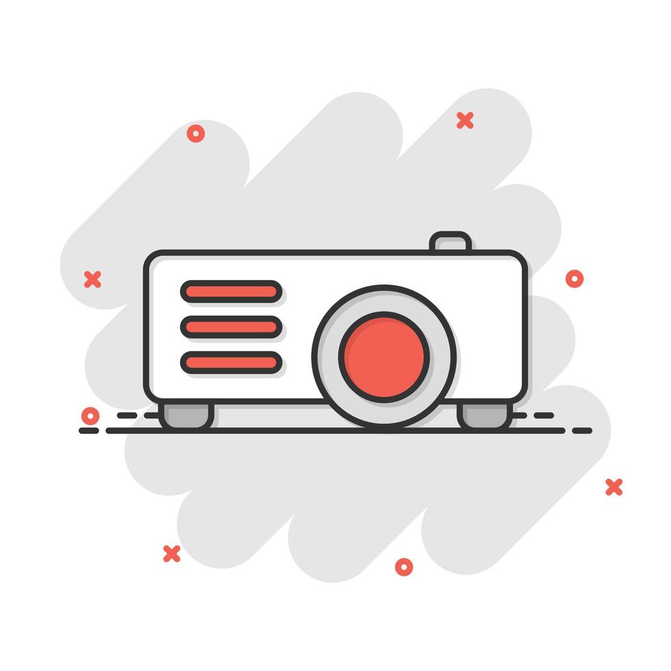 Video projector sign icon in comic style. Cinema presentation device vector cartoon illustration on white isolated background. Conference business concept splash effect.