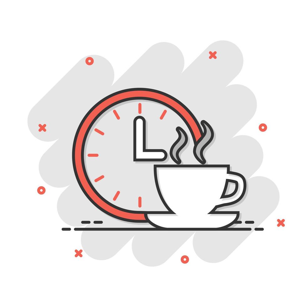 Coffee break icon in comic style. Clock with tea cup cartoon vector illustration on white isolated background. Breakfast time splash effect business concept.