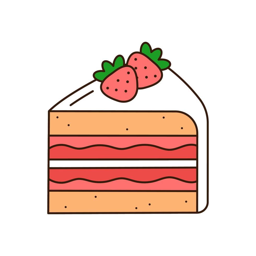 Piece of cake with strawberries doodle icon. vector