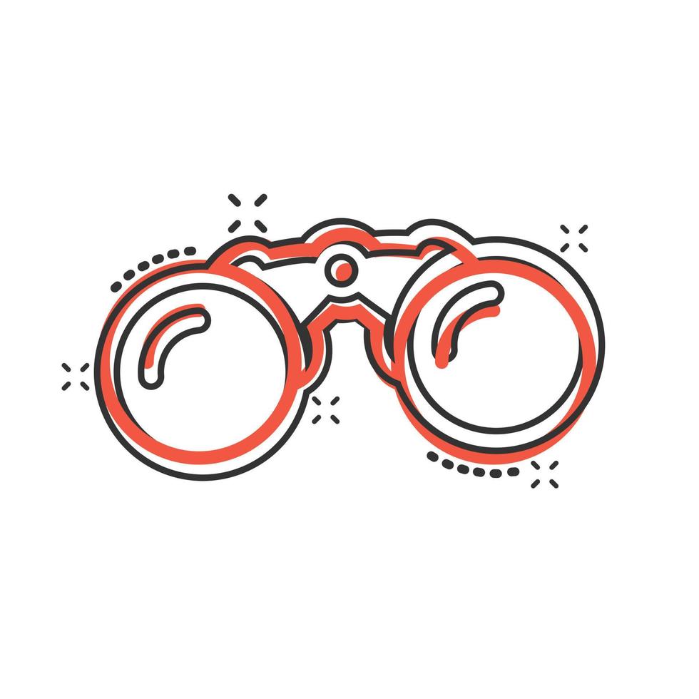 Binocular icon in comic style. Search cartoon vector illustration on white isolated background. Zoom splash effect business concept.