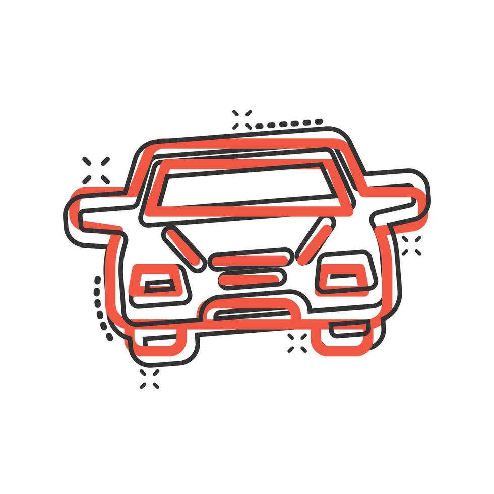 icono de coche en estilo cómico. ilustración de vector de dibujos animados de vehículo de automóvil sobre fondo blanco aislado. concepto de negocio de efecto de salpicadura de sedán.