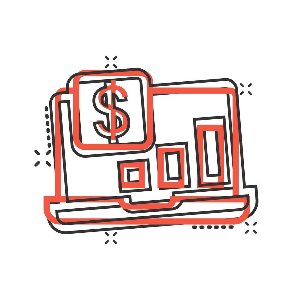 icono de gráfico de computadora portátil en estilo cómico. ilustración de vector de dibujos animados de diagrama de dinero sobre fondo blanco aislado. concepto de negocio de efecto de salpicadura de proceso financiero.