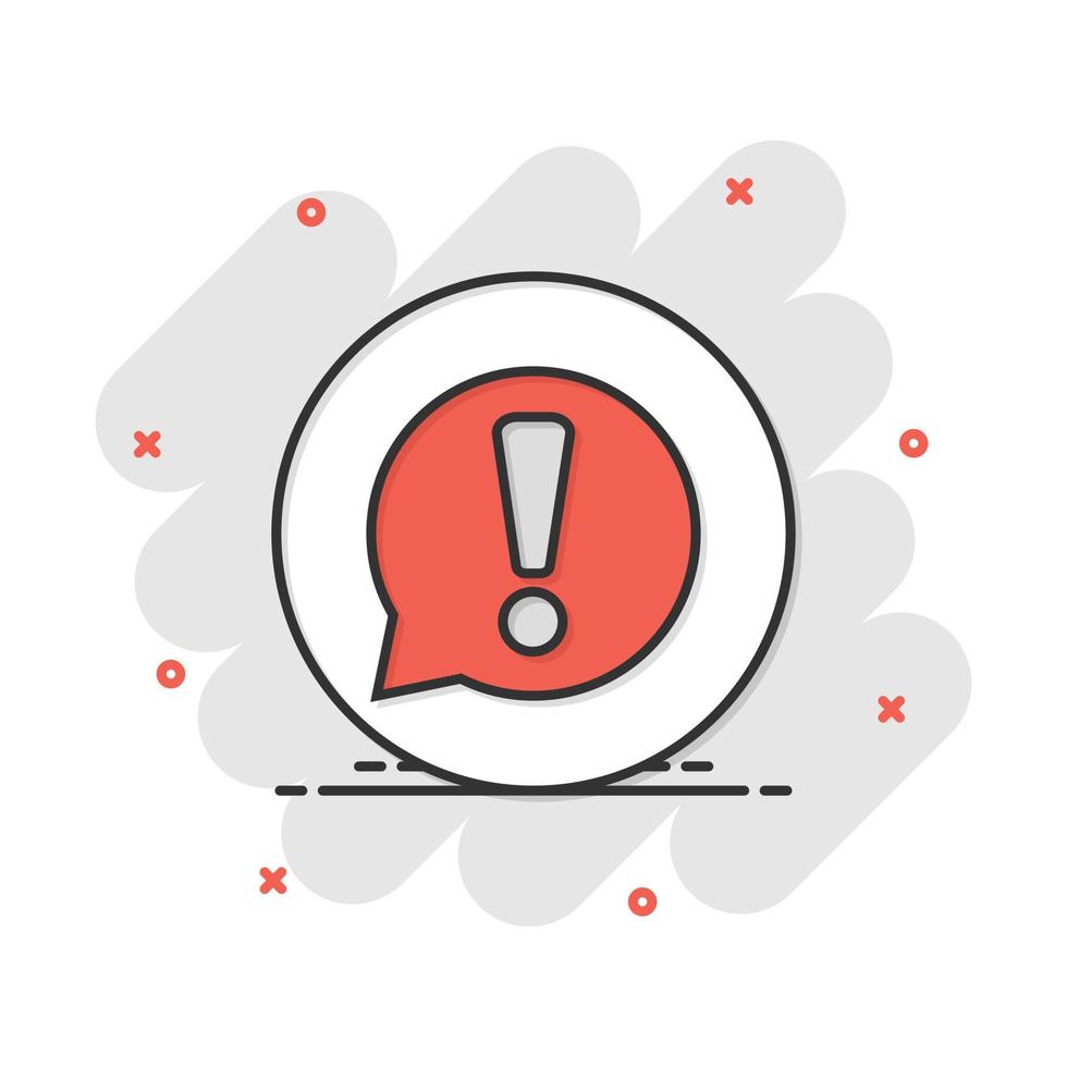 Exclamation mark icon in comic style. Danger alarm vector cartoon illustration on white isolated background. Caution risk business concept splash effect.