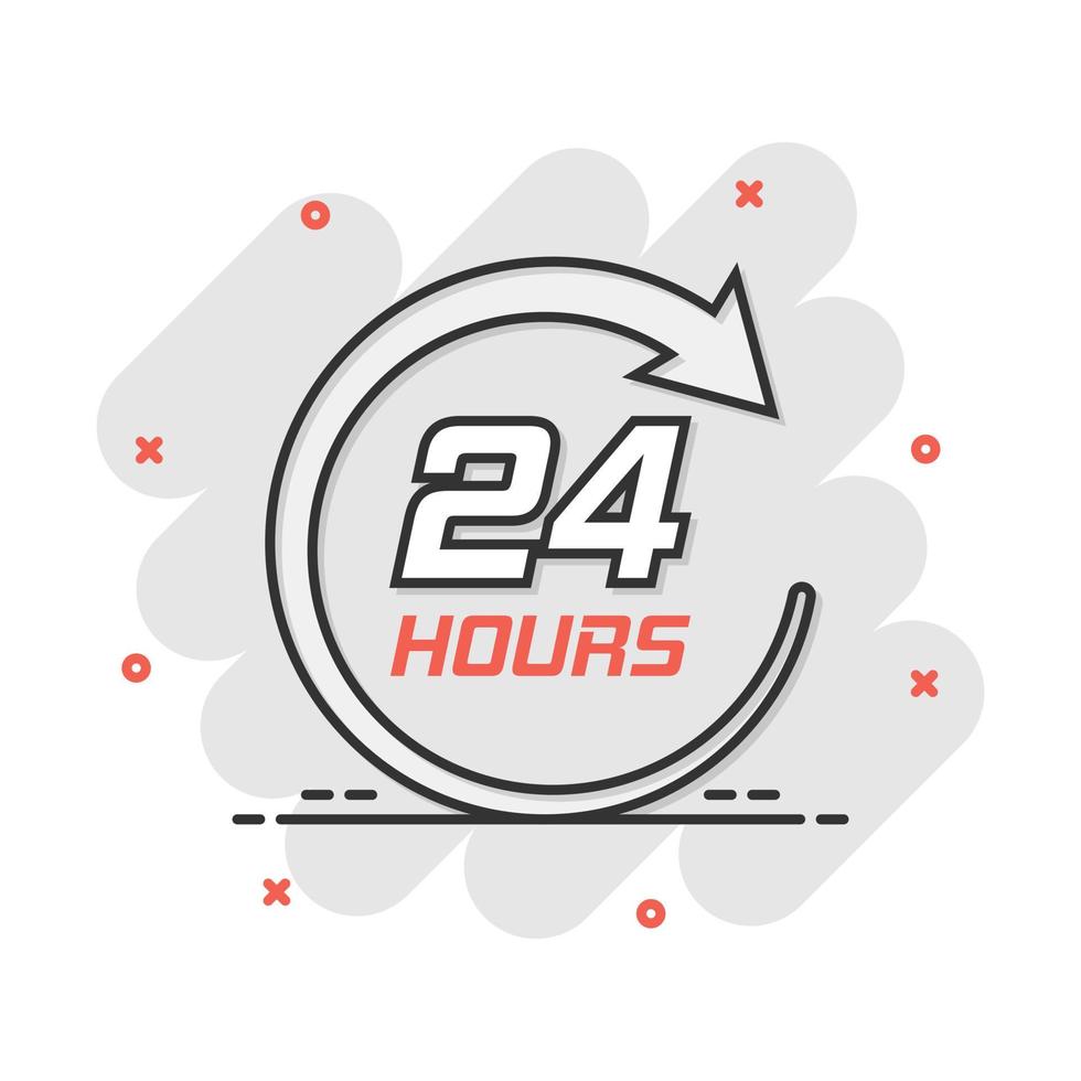 Vector cartoon twenty four hour clock icon in comic style. 24 7 service time concept illustration pictogram. Around the clock business splash effect concept.