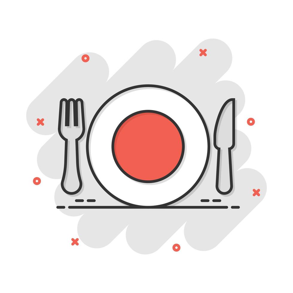 icono de restaurante de tenedor y cuchillo en estilo cómico. Pictograma de ilustración de dibujos animados de vector de equipo de cena. efecto de salpicadura de concepto de negocio de restaurante.