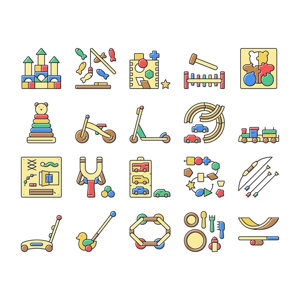 Wooden Toy For Children Play Time Icons Set Vector