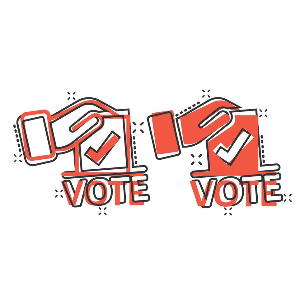 Vote icon in comic style. Ballot box cartoon vector illustration on white isolated background. Election splash effect business concept.