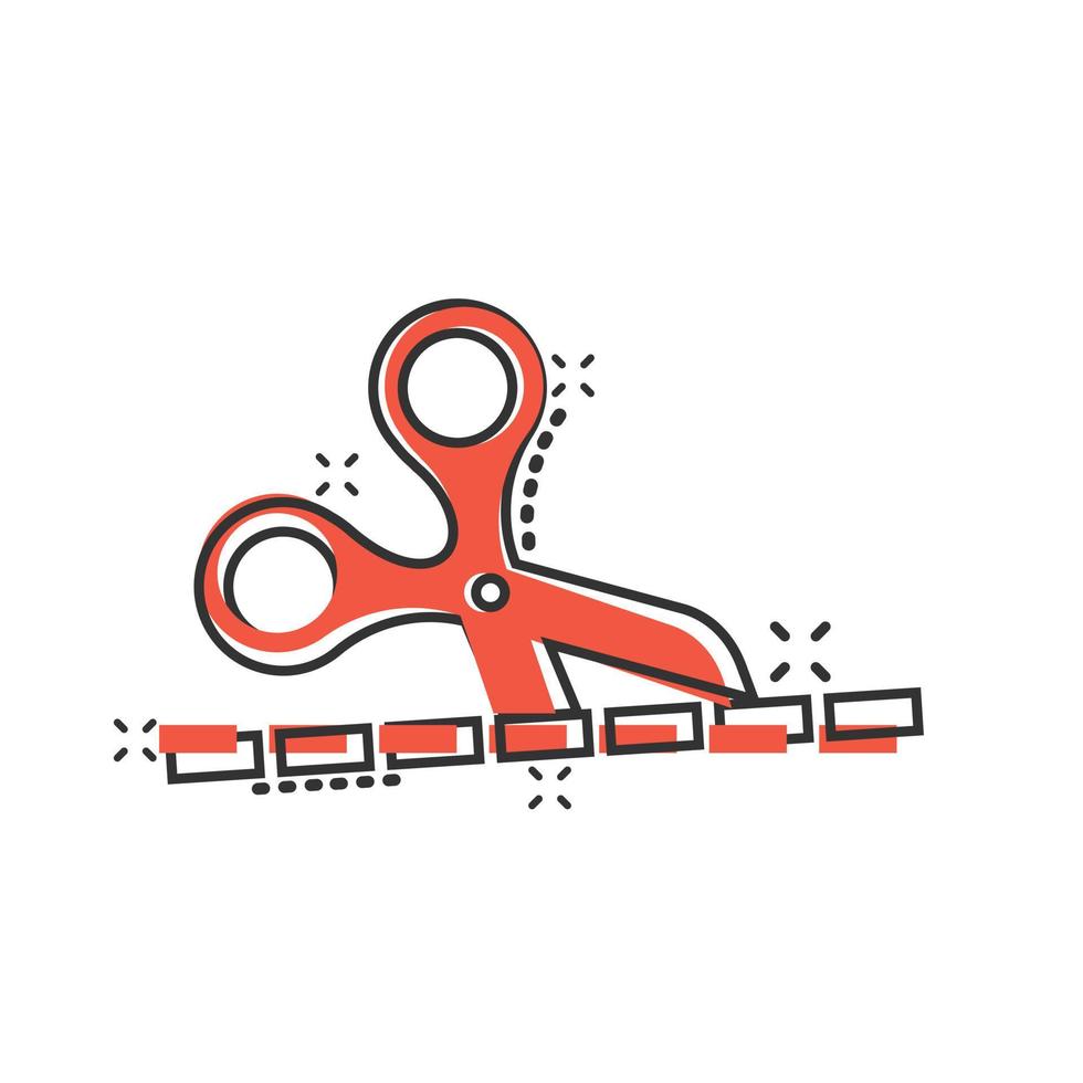 Scissor with cutting line icon in comic style. Cut equipment cartoon vector illustration on white isolated background. Cutter splash effect business concept.