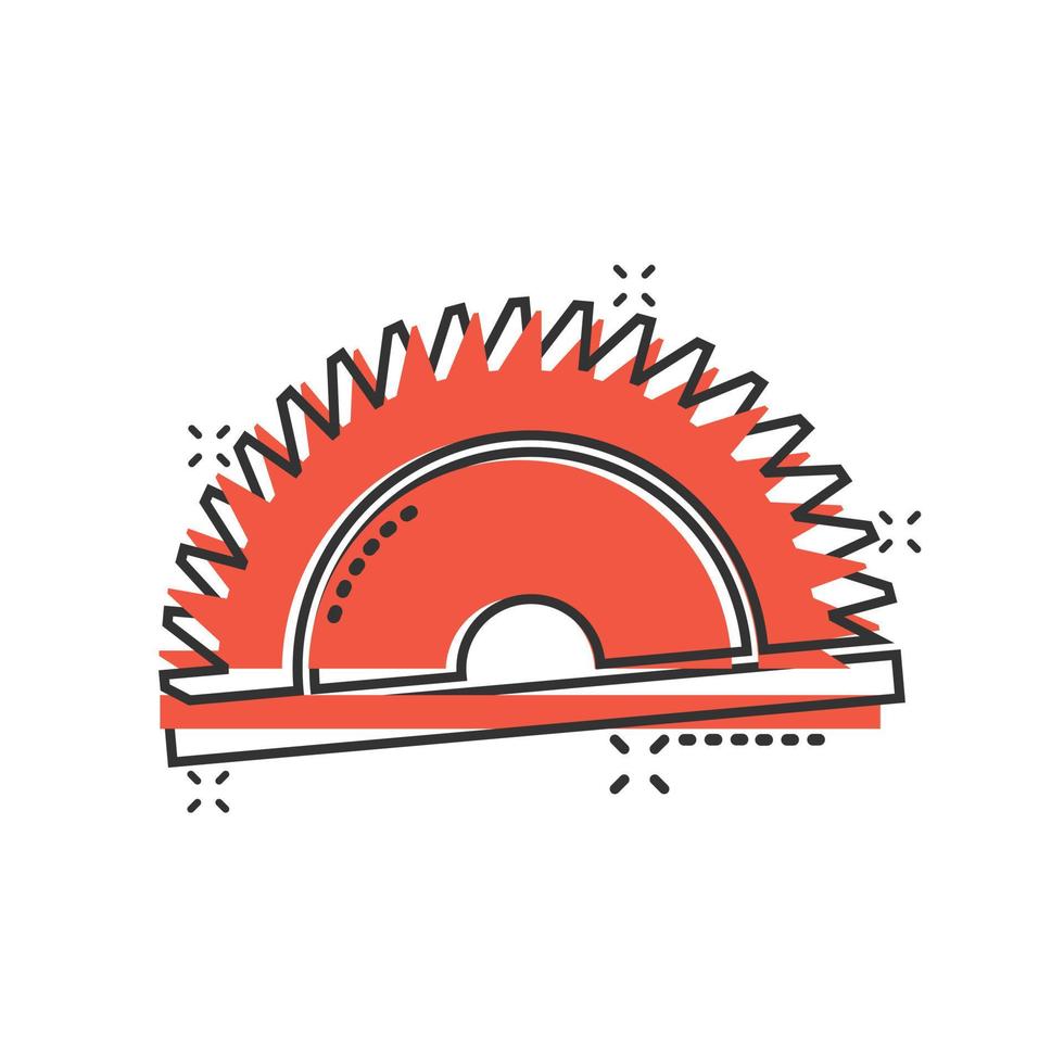 Saw blade icon in comic style. Circular machine cartoon vector illustration on white isolated background. Rotary disc splash effect business concept.