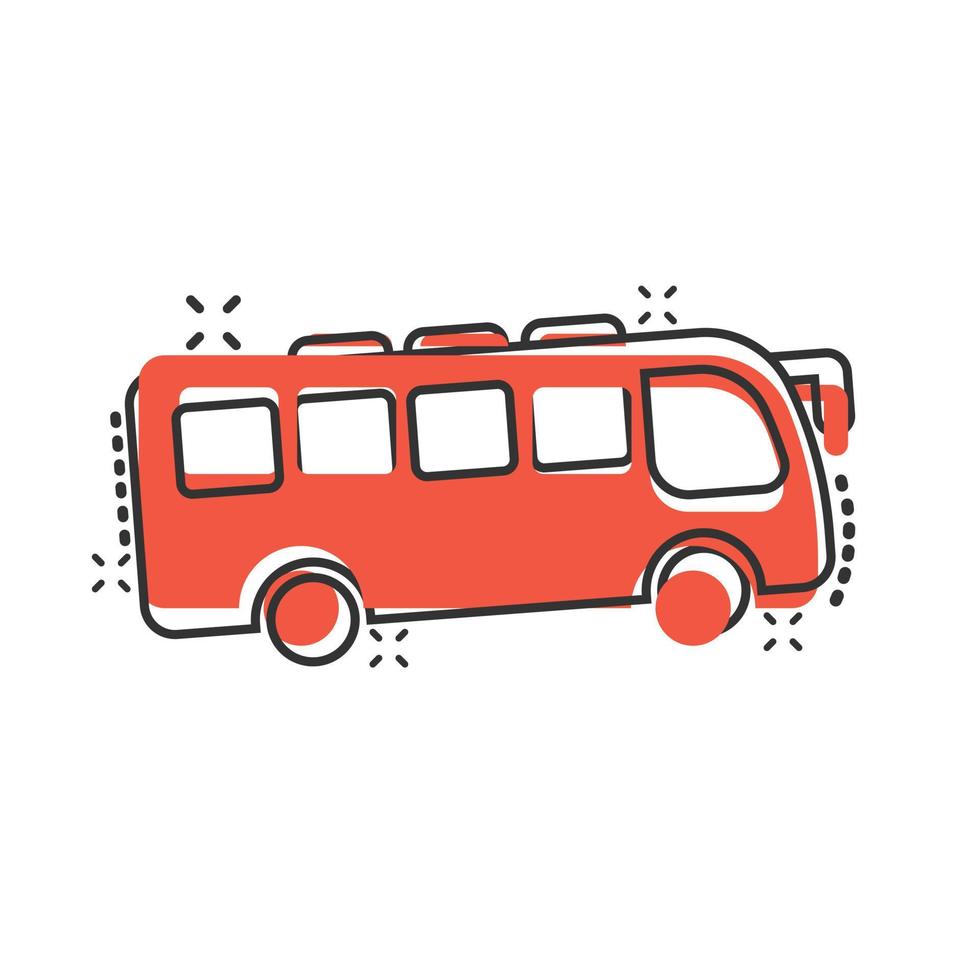 icono de autobús en estilo cómico. ilustración de vector de dibujos animados de entrenador sobre fondo blanco aislado. concepto de negocio de efecto de salpicadura de vehículo autobus.