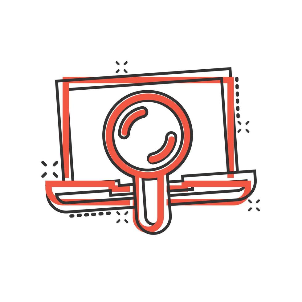Computer search icon in comic style. Laptop with magnifying glass cartoon vector illustration on white isolated background. Device display splash effect business concept.