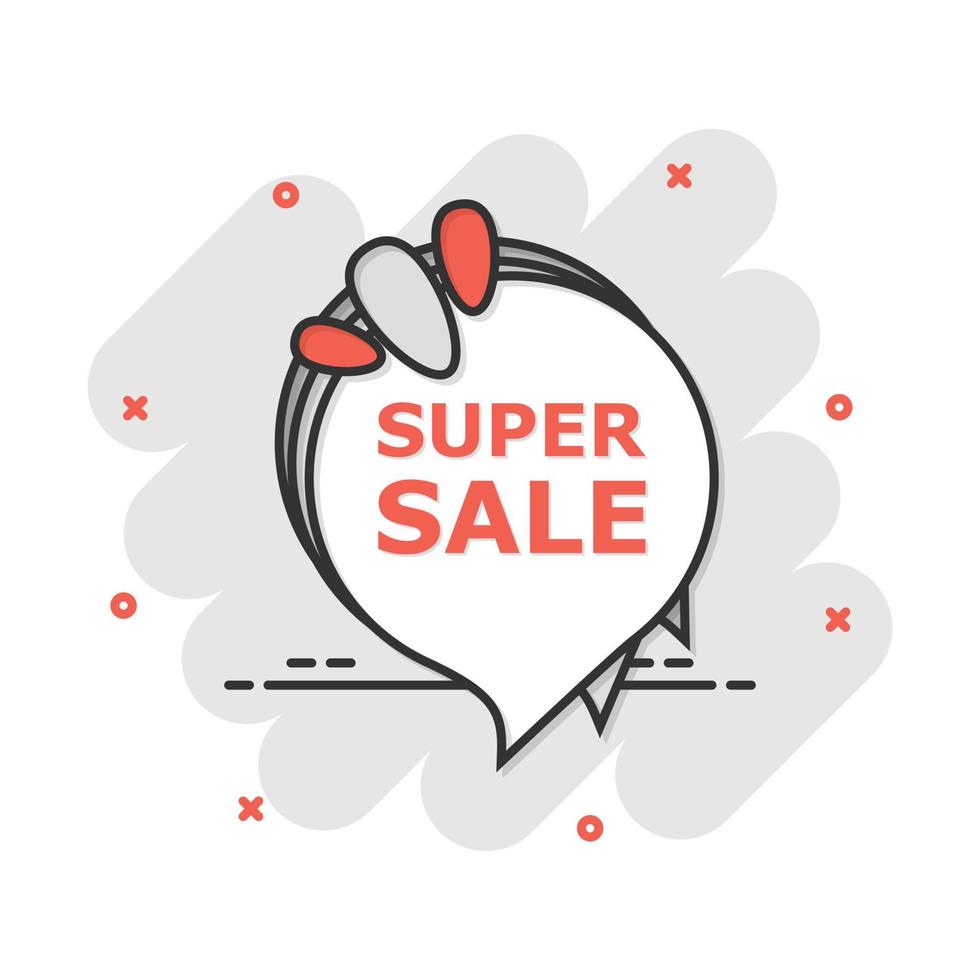 icono de banner de super venta de dibujos animados vectoriales en estilo cómico. pictograma de ilustración de compras de insignia. concepto de efecto de salpicadura de negocio de super venta. vector