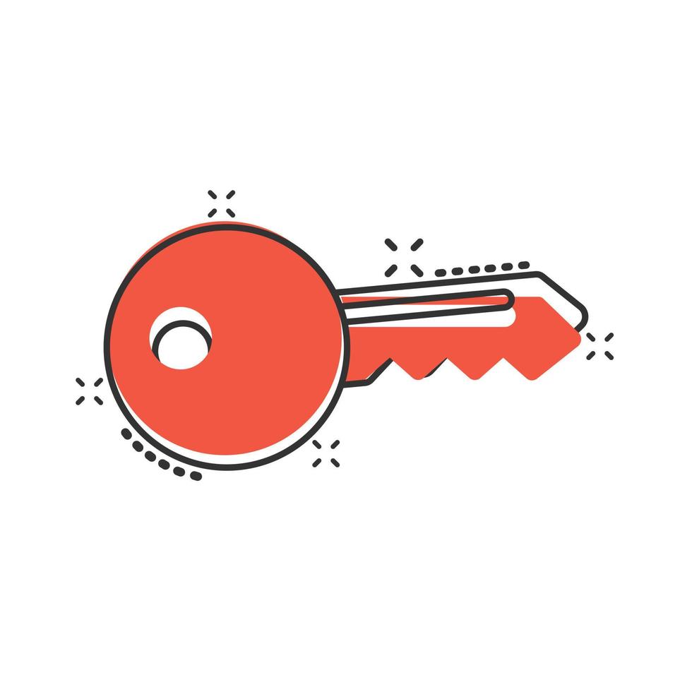 Key icon in comic style. Password cartoon vector illustration on white isolated background. Access splash effect business concept.