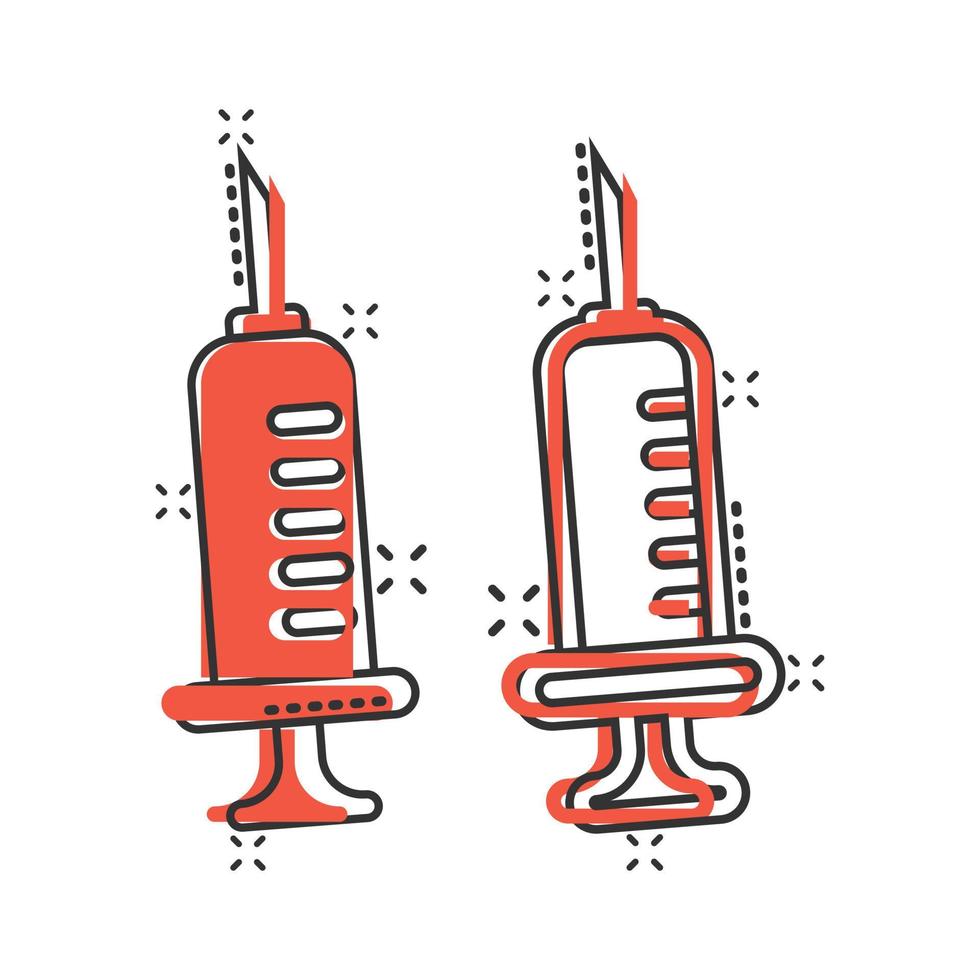 icono de jeringa en estilo cómico. Inyectar ilustración de vector de dibujos animados de aguja sobre fondo blanco aislado. concepto de negocio de efecto de salpicadura de dosis de droga.