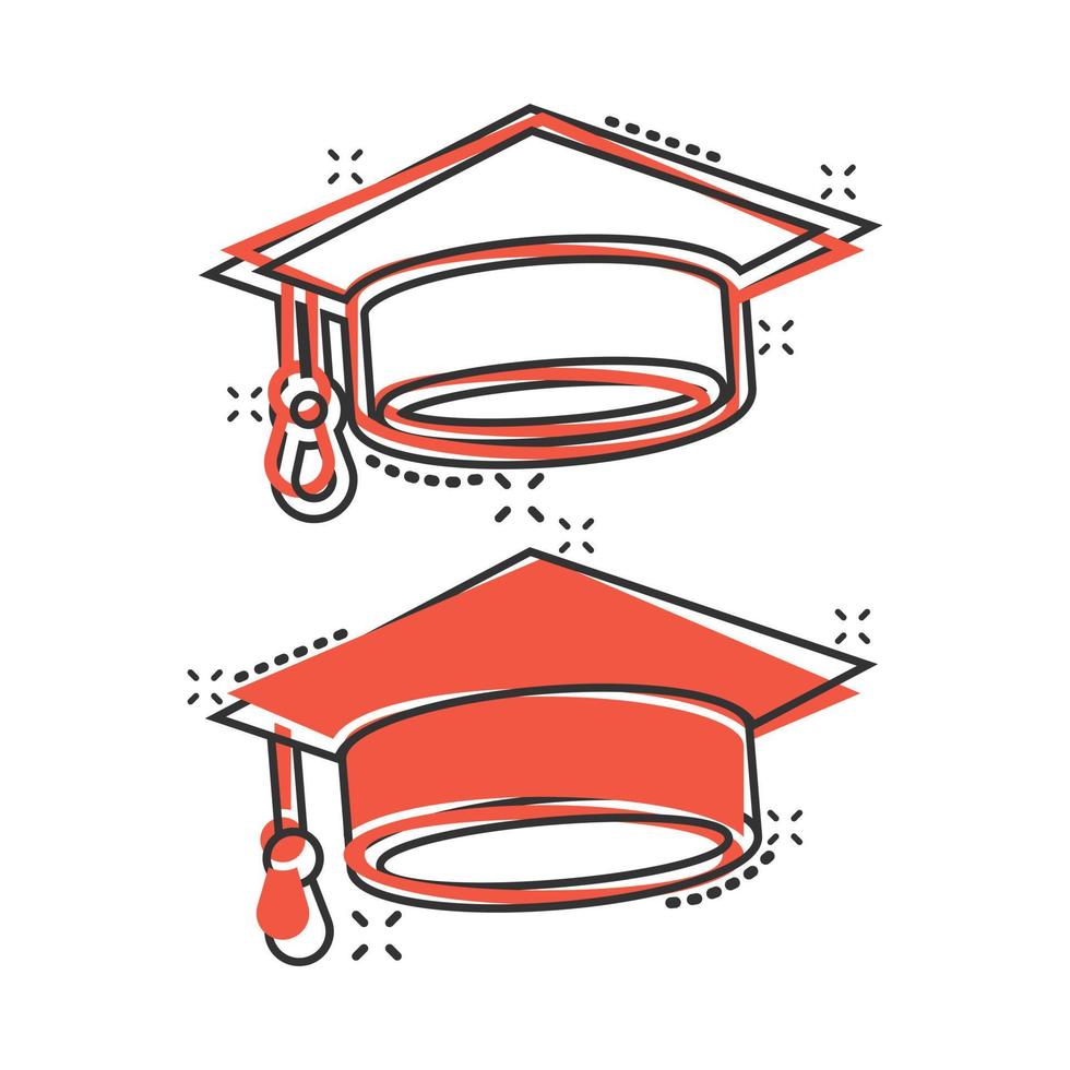 Graduation hat icon in comic style. Student cap cartoon vector illustration on white isolated background. University splash effect business concept.