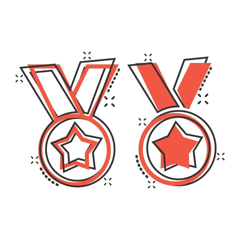 Medal icon in comic style. Prize cartoon sign vector illustration on white isolated background. Trophy award splash effect business concept.
