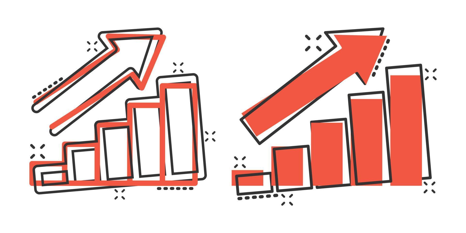 Growing bar graph icon in comic style. Increase arrow cartoon vector illustration on white background. Infographic progress splash effect business concept.