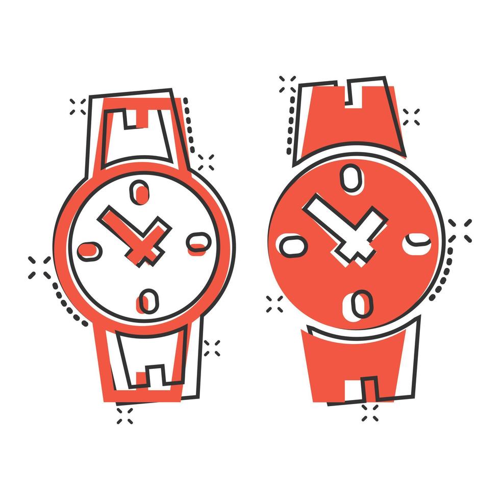 icono de reloj de pulsera en estilo cómico. ilustración de vector de dibujos animados de reloj de mano sobre fondo blanco aislado. concepto de negocio de efecto de salpicadura de pulsera de tiempo.