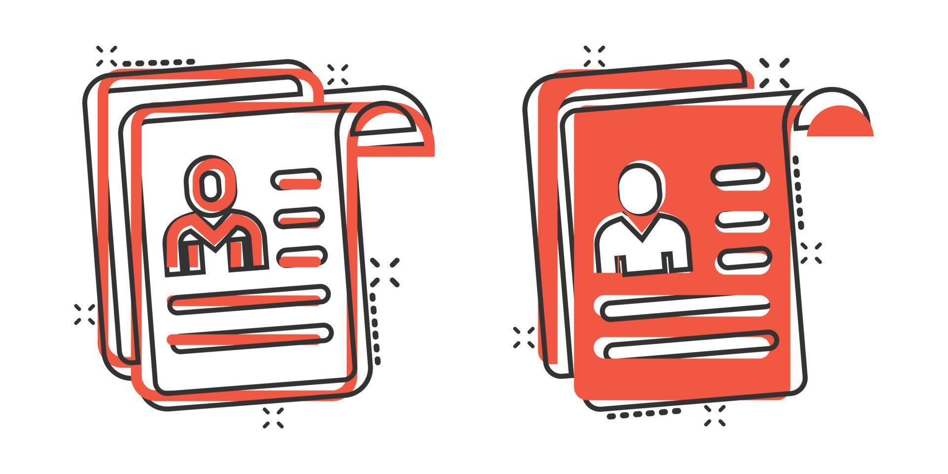 Resume icon in comic style. Contract document cartoon vector illustration on white isolated background. Paper notepad splash effect business concept.