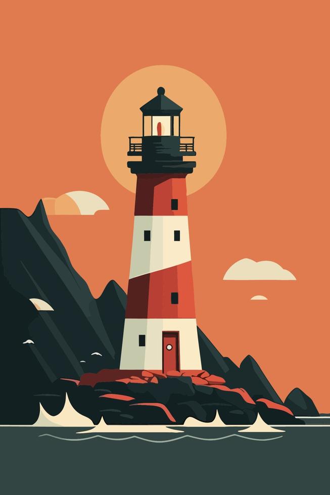 faro en las rocas. ilustración vectorial en estilo de dibujos animados planos. vector