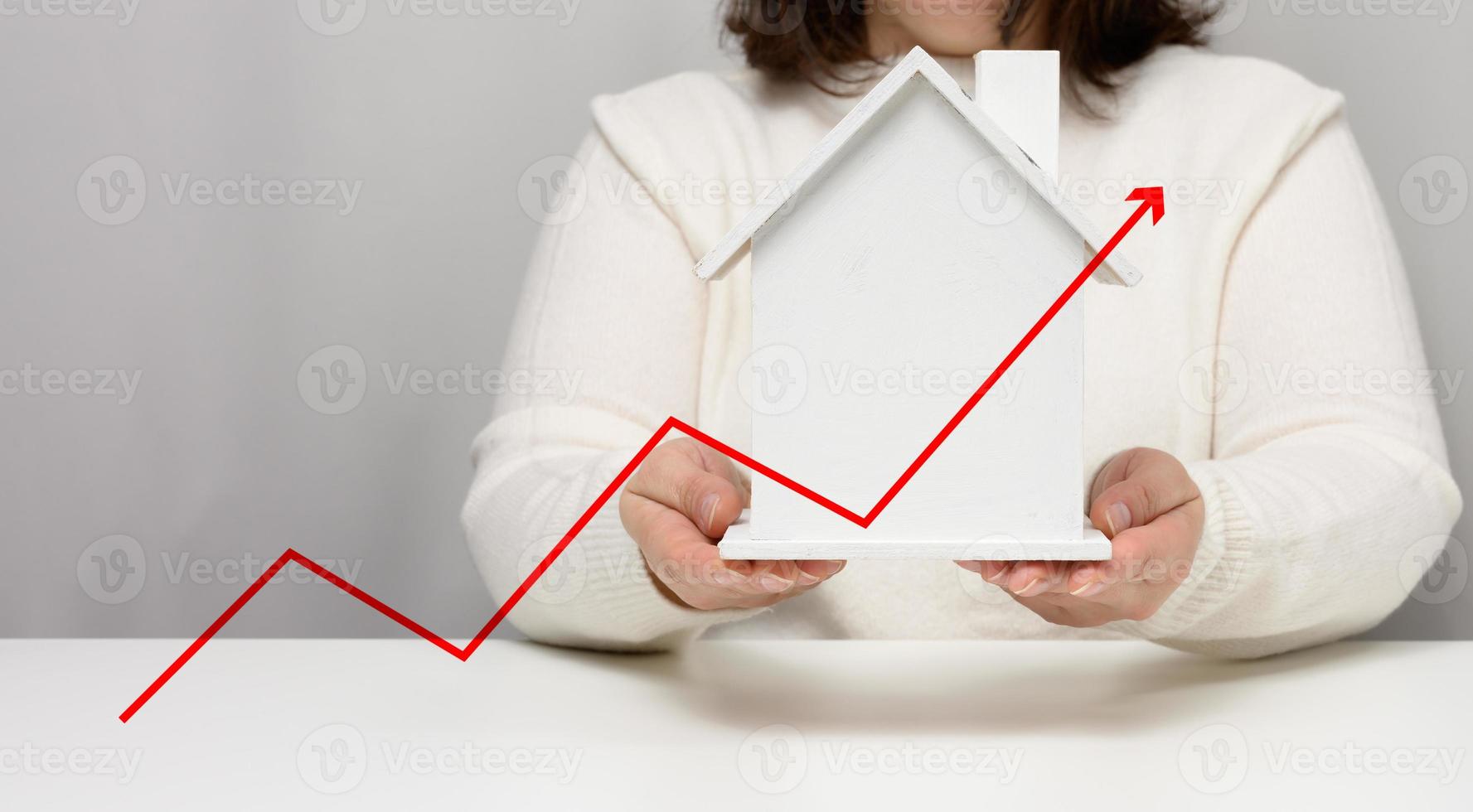 female hands hold a model of a wooden house. Real estate price rise concept, crisis photo