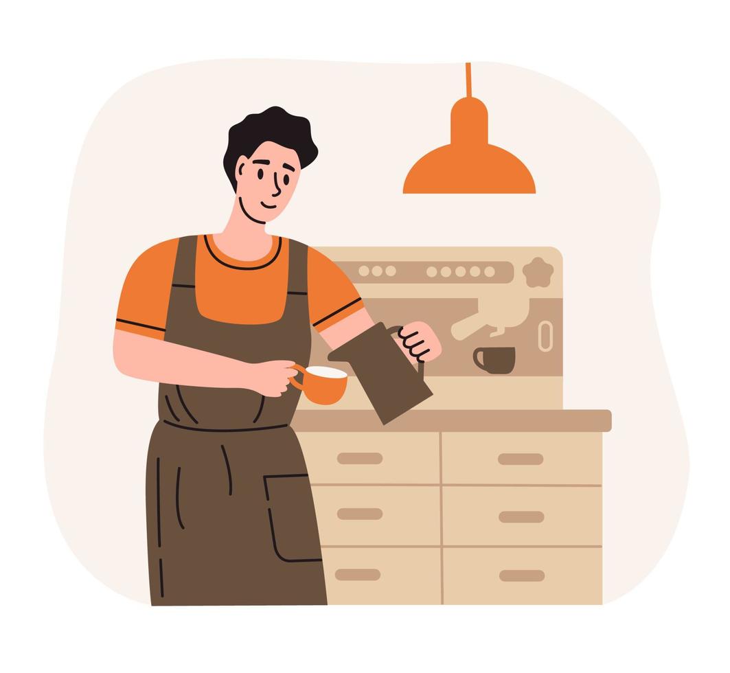 Professional coffee brewing. Cute barista making cappuccino at cafe or coffeeshop. vector