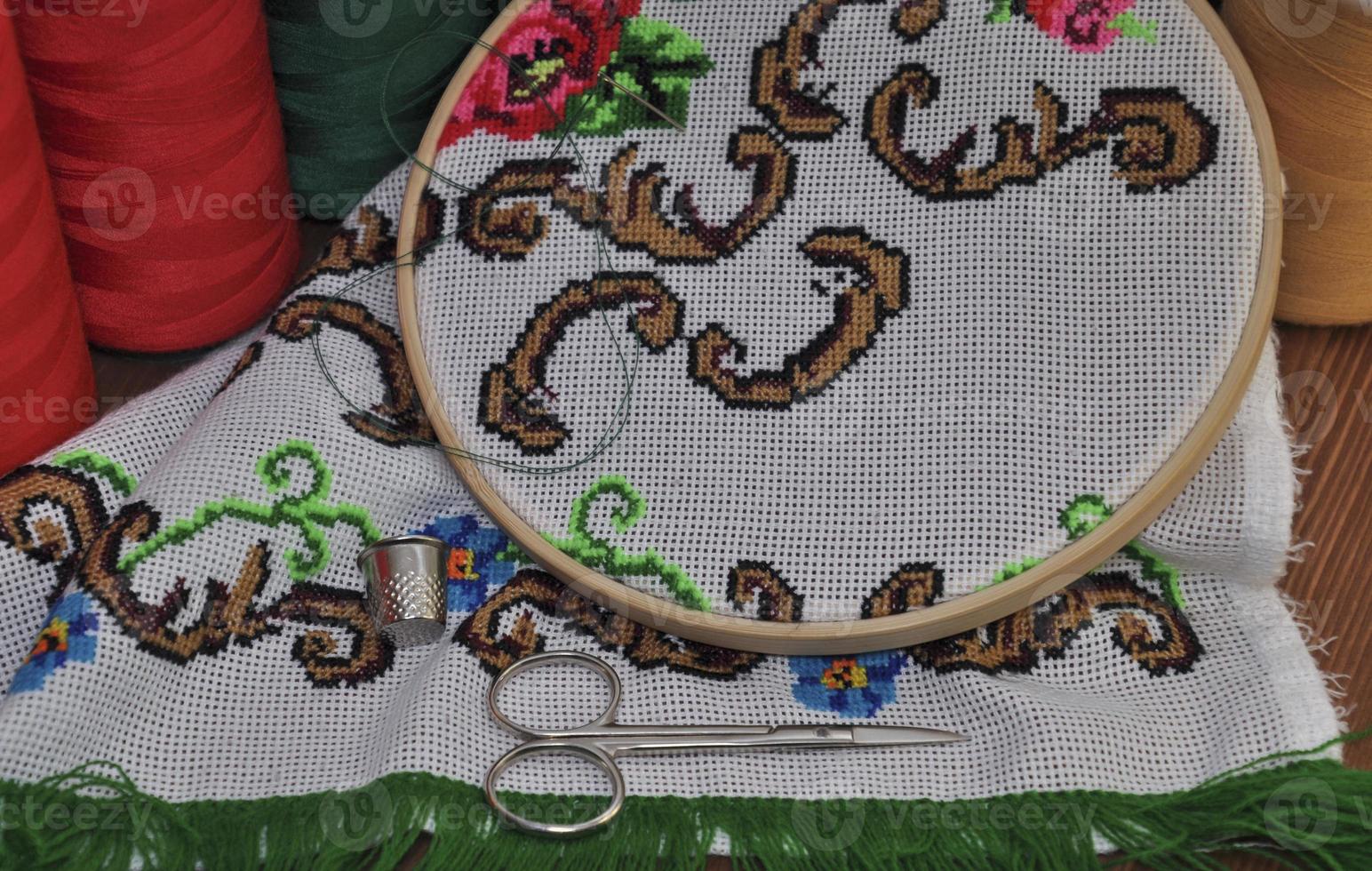 Set for embroidery on a wooden table photo