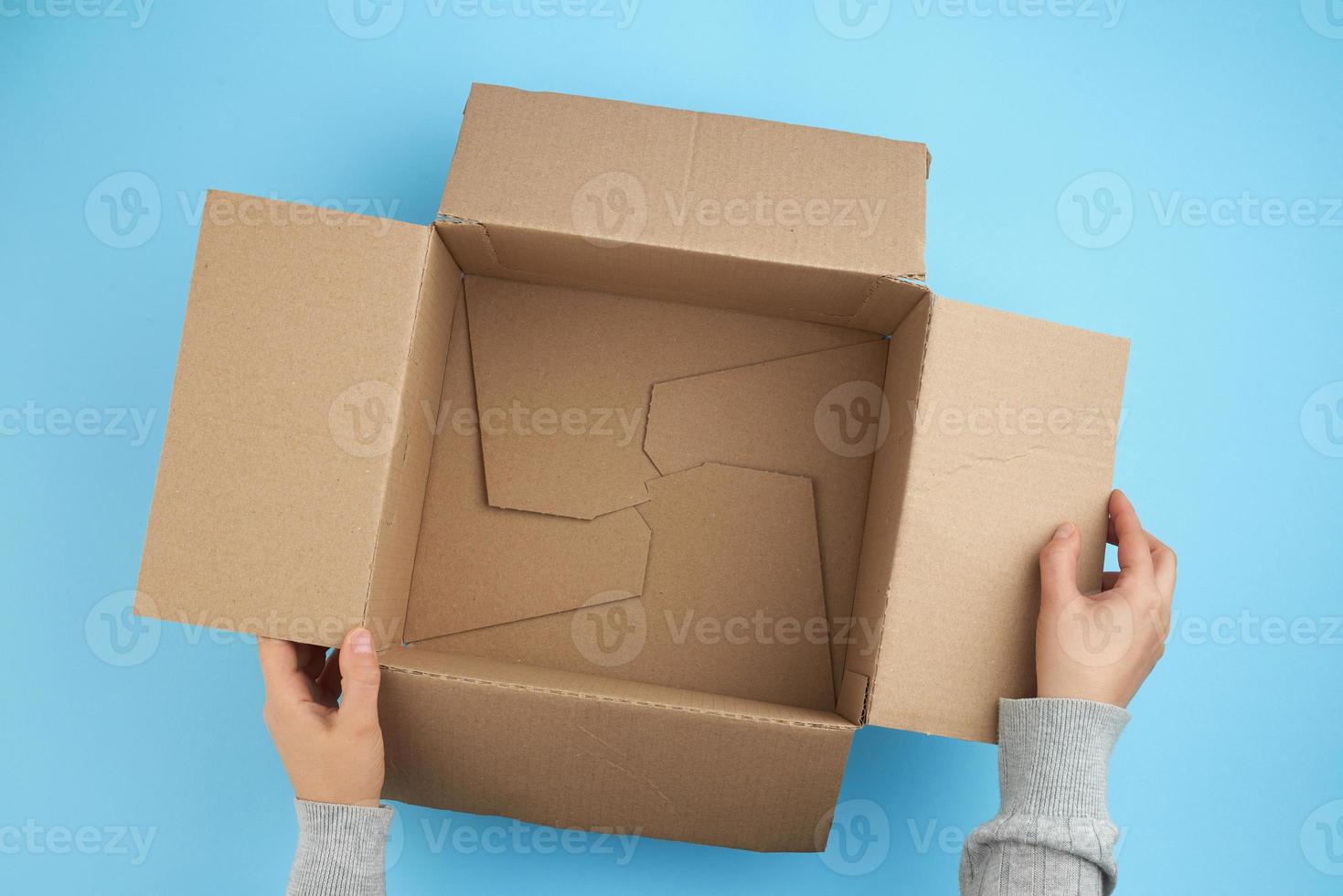 two female hands holding an empty open box of brown cardboard photo