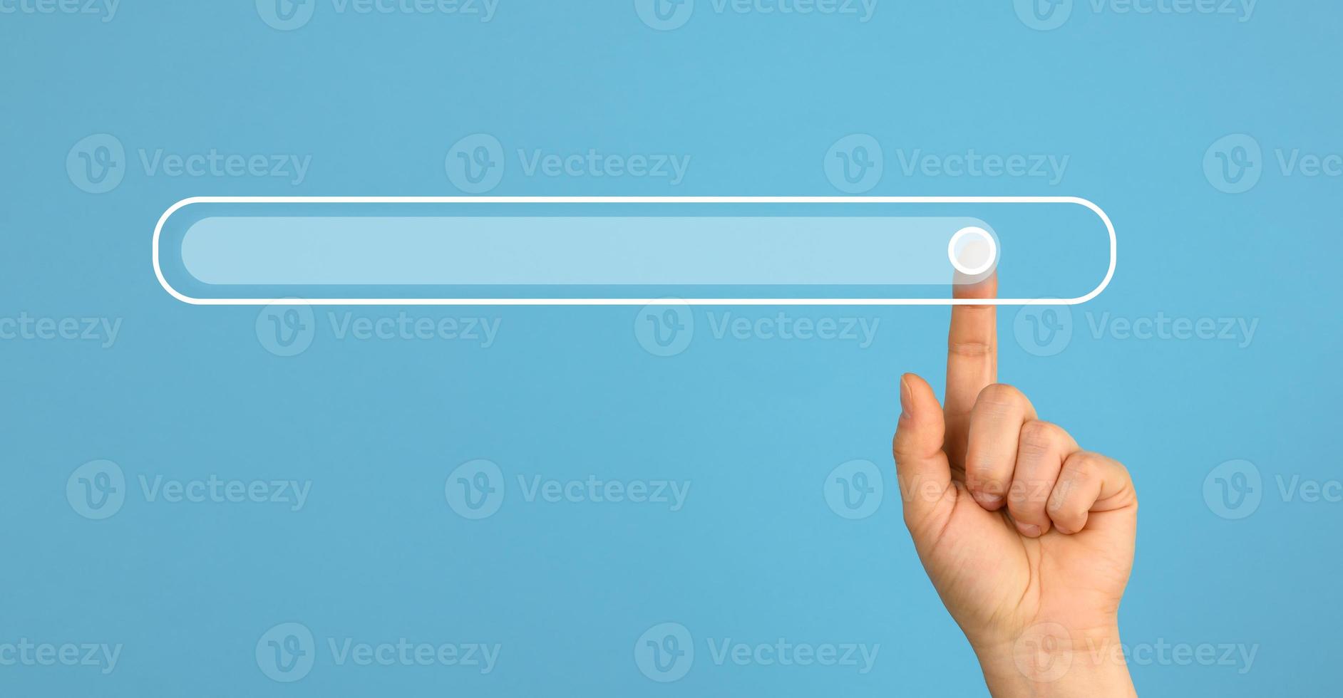 female hand with a raised forefinger and a virtual loading bar. Abstract future background photo