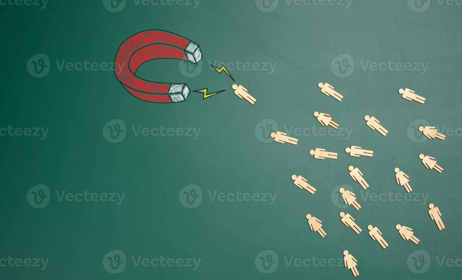 group of wooden little men are attracted by a magnet on a green background. Personnel search concept, team recruitment photo