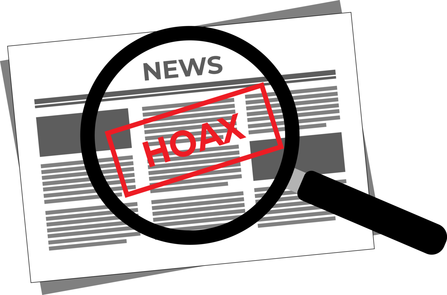 newspaper with display of hoax news and magnifying glass. Find fake news. looking for hoax news png