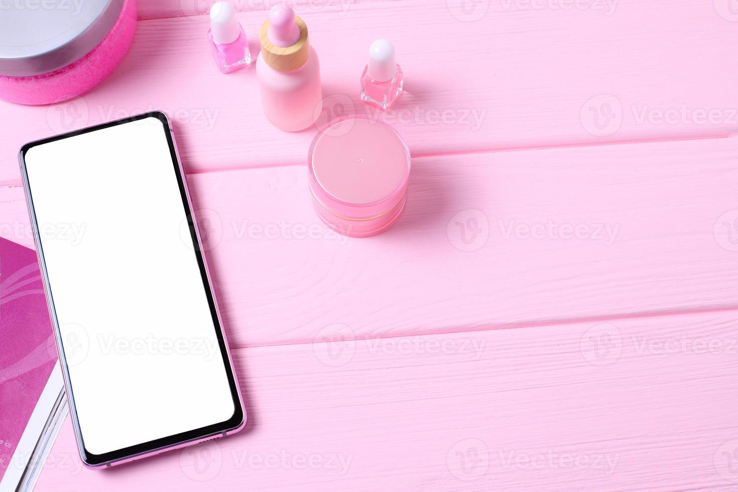 Mockup mobile phone on table with cosmetics, lifestyle stagging photo