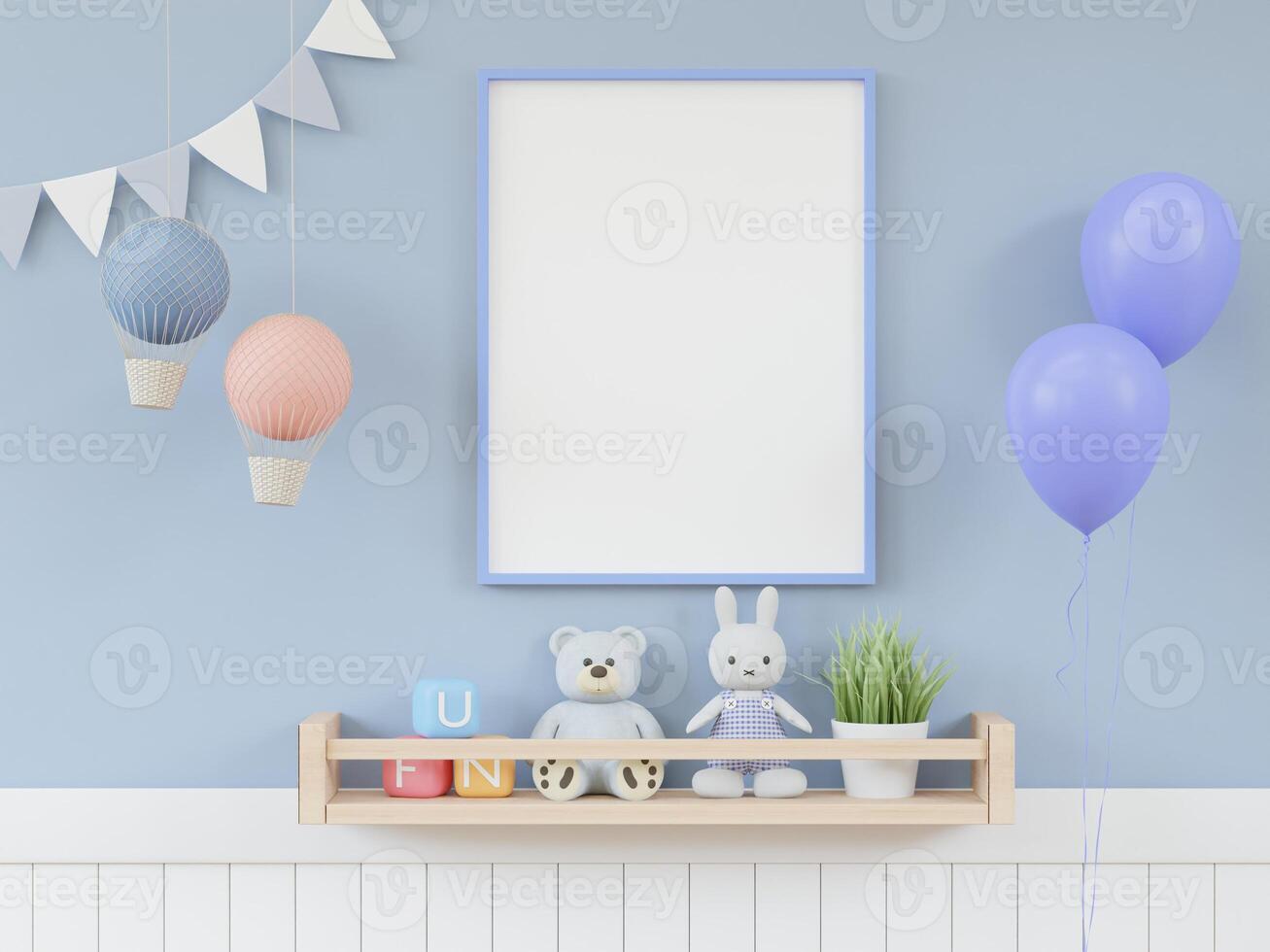 3D mockup photo frame in chidren room rendering