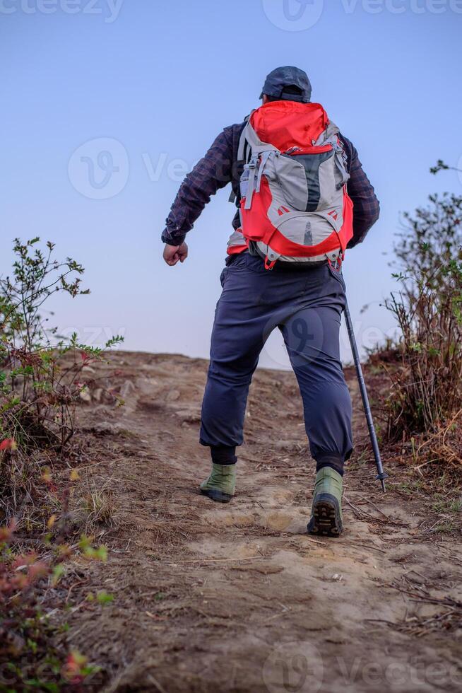 Portrait of Man hiking mountains with backpack photo