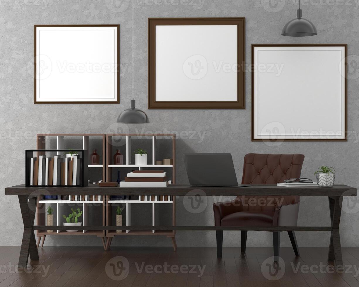 3D interior design minimal workspace with mockup photo frame