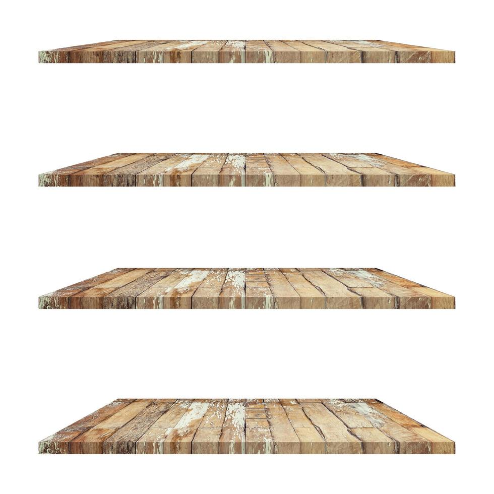 4 old wood shelves table isolated on white background and display montage for product. photo