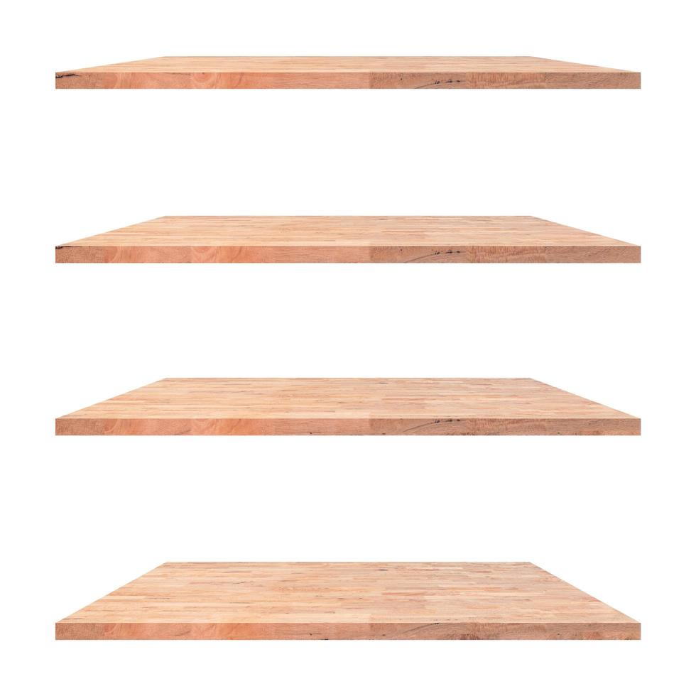 4 old wood shelves table isolated on white background and display montage for product. photo