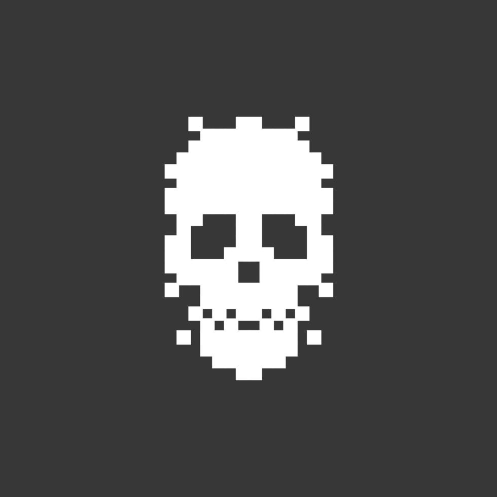 Pixel art skull logo design vector icon illustration on black background. Game old style skull illustration.