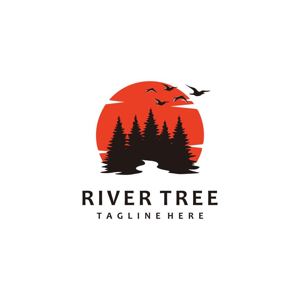 Evergreen pine tree with river creek and sunset logo design vector