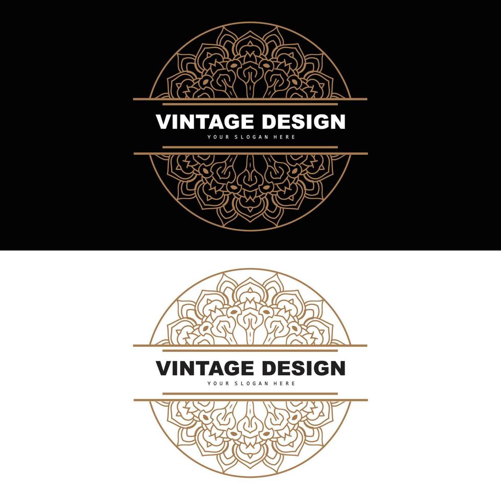 diseño retro vintage, logotipo de adorno vectorial minimalista de lujo, con estilo mandala y batik, ilustración de marca de producto, invitación, banner, moda vector