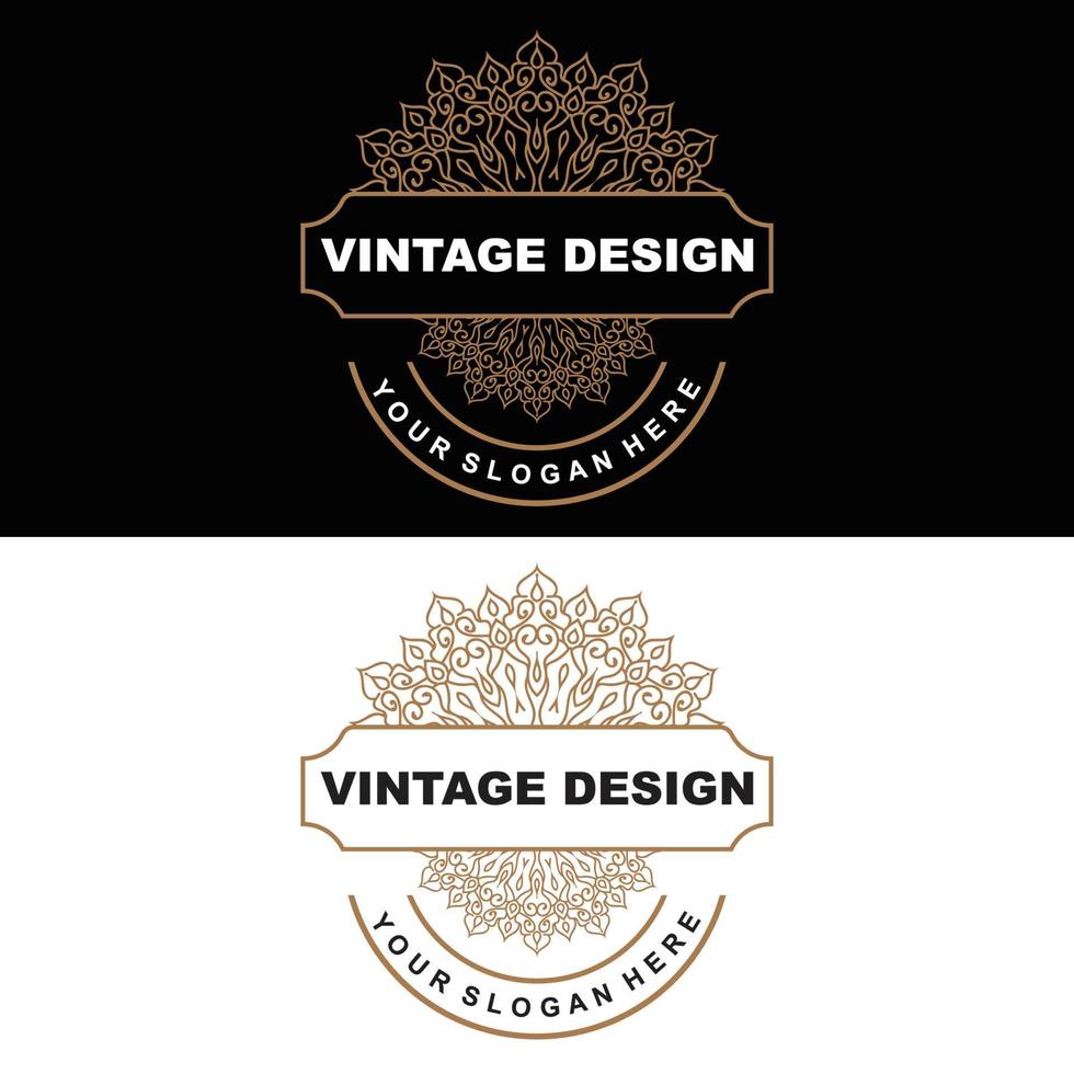 diseño retro vintage, logotipo de adorno vectorial minimalista de lujo, con estilo mandala y batik, ilustración de marca de producto, invitación, banner, moda vector