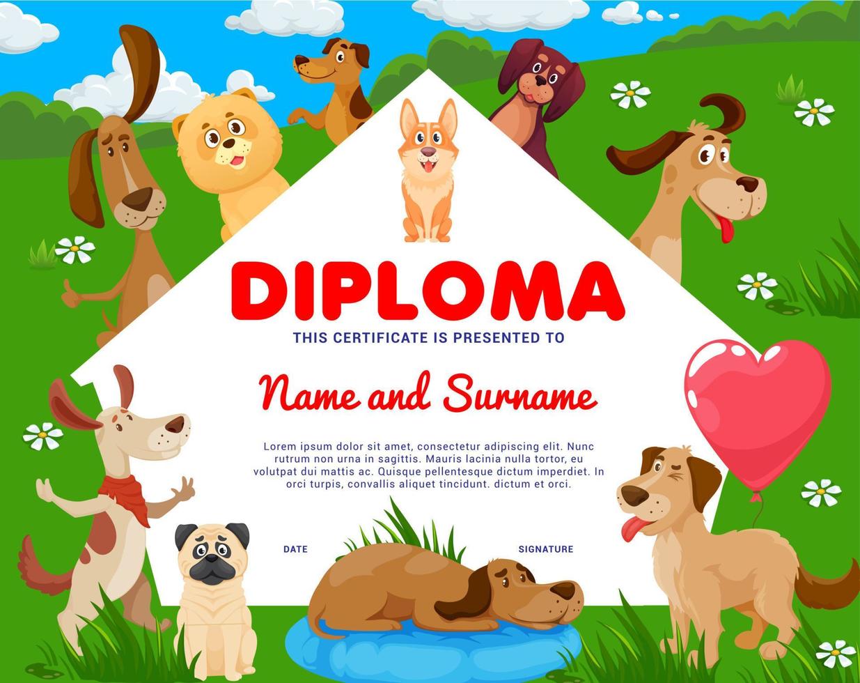 Kids diploma cartoon dogs and puppies, adopt a dog vector