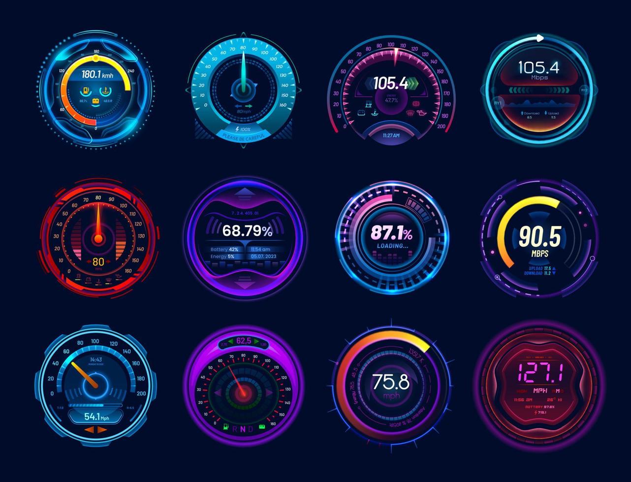 Futuristic car speedometer gauge dials, neon LED vector