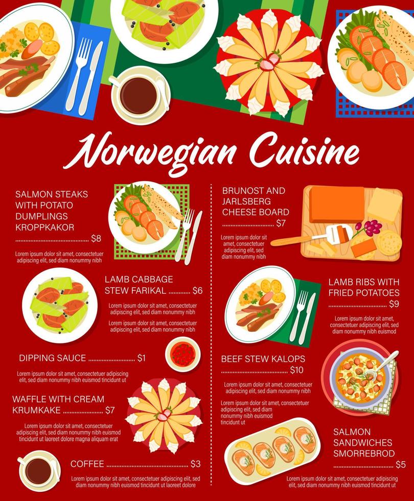 Norwegian cuisine menu, lunch and dinner food dish vector
