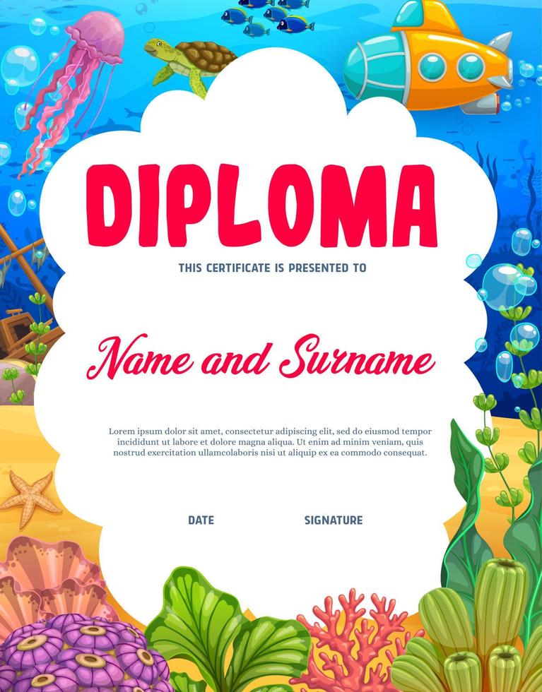 Cartoon kids diploma with underwater landscape vector