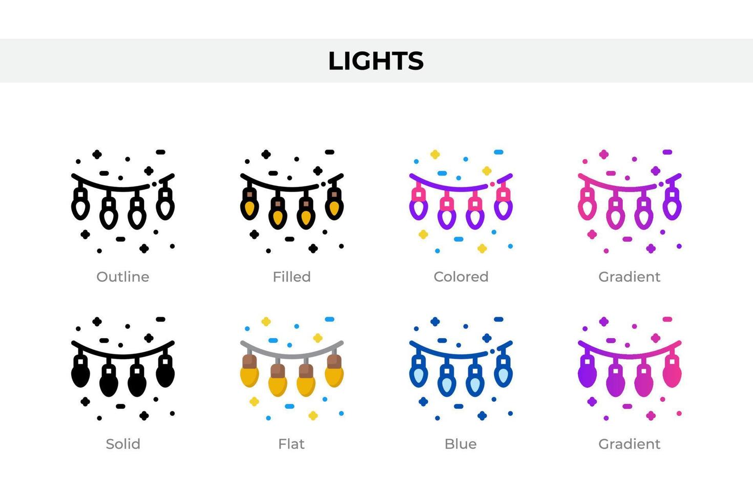 Lights icons in different style. Lights icons set. Holiday symbol. Different style icons set. Vector illustration