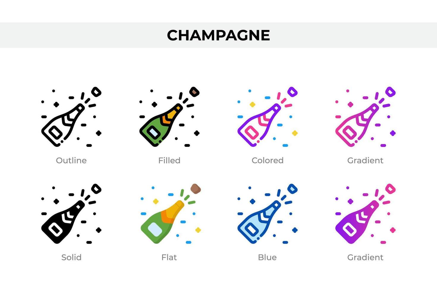 Champagne icons in different style. Champagne icons set. Holiday symbol. Different style icons set. Vector illustration
