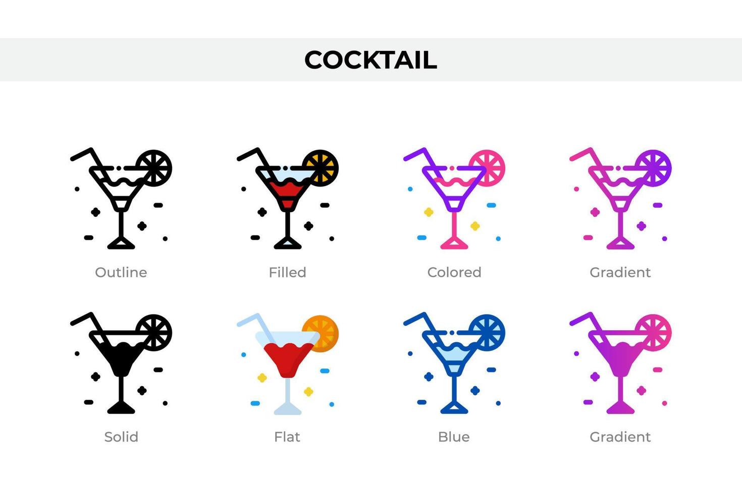 Cocktail icons in different style. Cocktail icons set. Holiday symbol. Different style icons set. Vector illustration